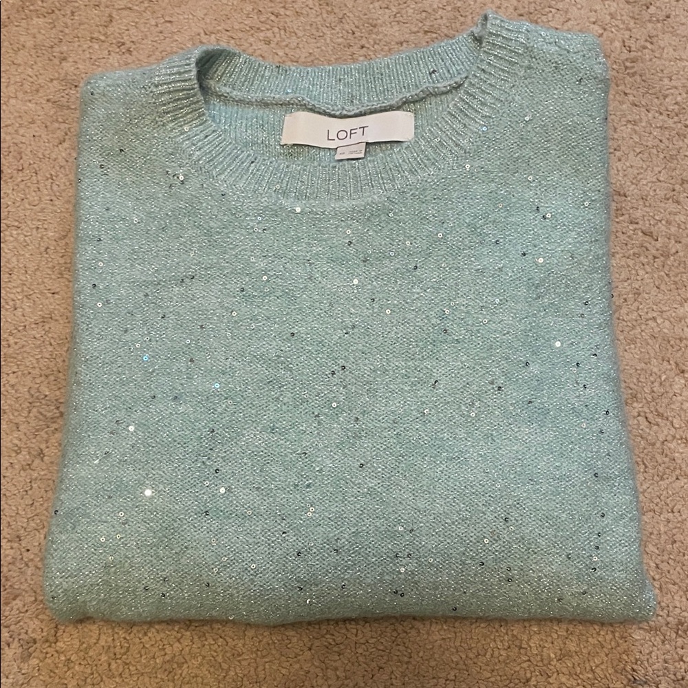 LOFT Aqua Sweater with Sequin sparkle Details